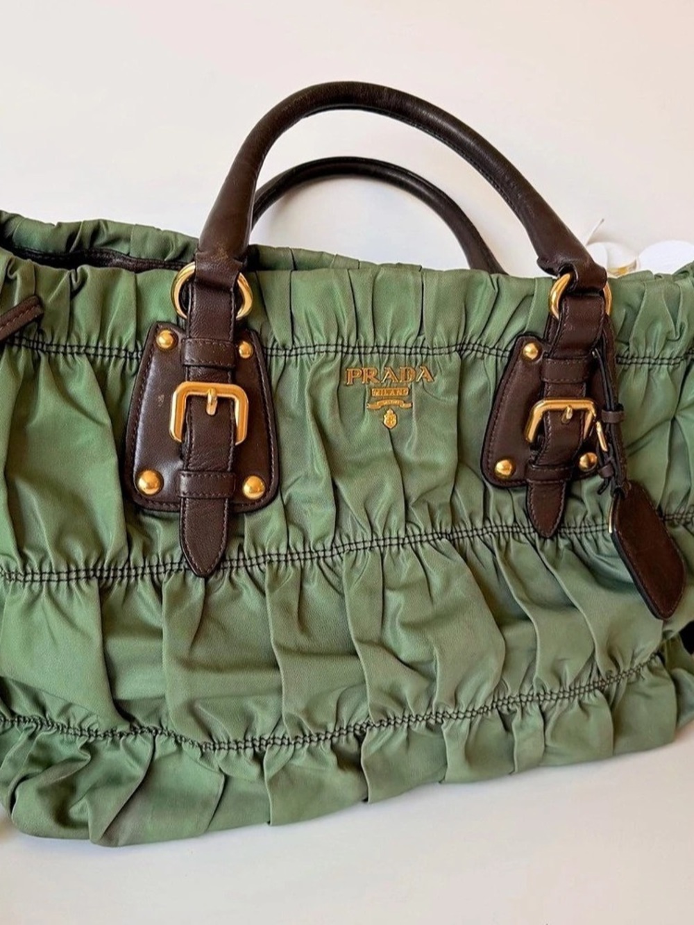 Prada Tessuto Gaufre Baltico Green Nylon Leather Tote Bag